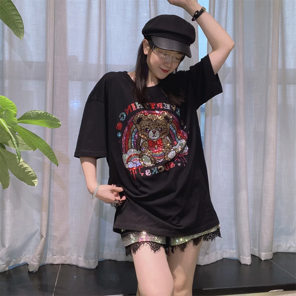 

Plus Size Cartoon Bear Pattern Short Sleeve T Shirt Women Clothing Summer Casual Loose O Neck Tshirt Diamonds Knitwear Camisetas