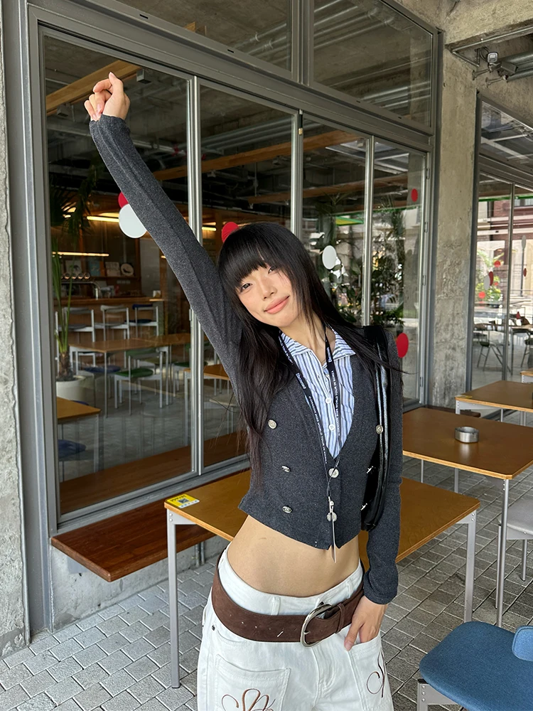 Seeslim إنجلترا نمط المرقعة وهمية قطعتين بلايز الخريف تي شيرت ملابس حريمي كم طويل 2000s الملابس Y2k تيز أنثى شيك