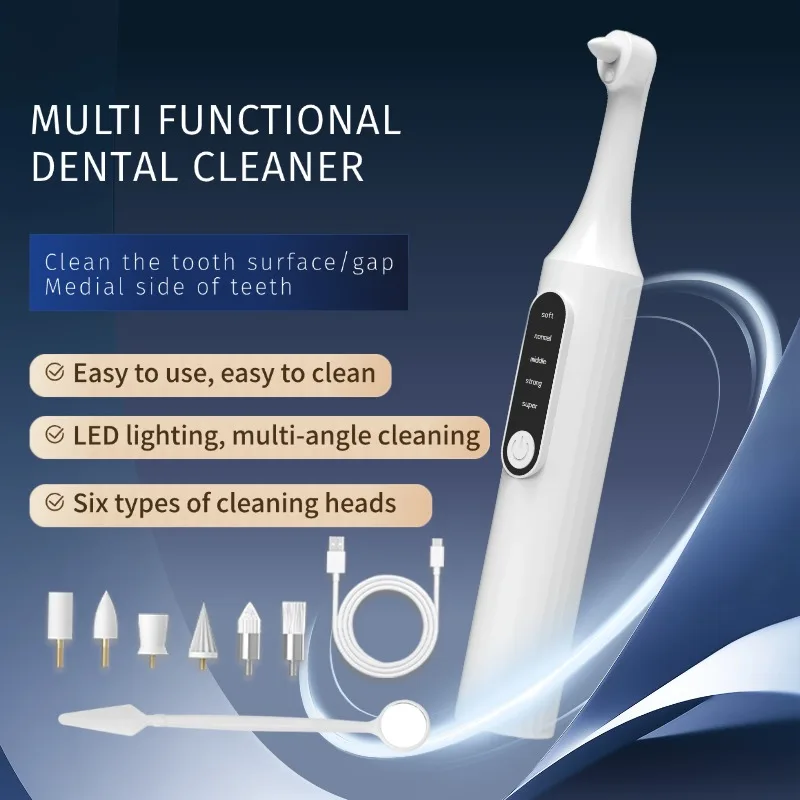 Electric Tooth Polisher Teeth Whitening Cleaner 5 Speed Modes with 6 Brush Heads Led Light Dental Plaque Tartar Remover Tool Set