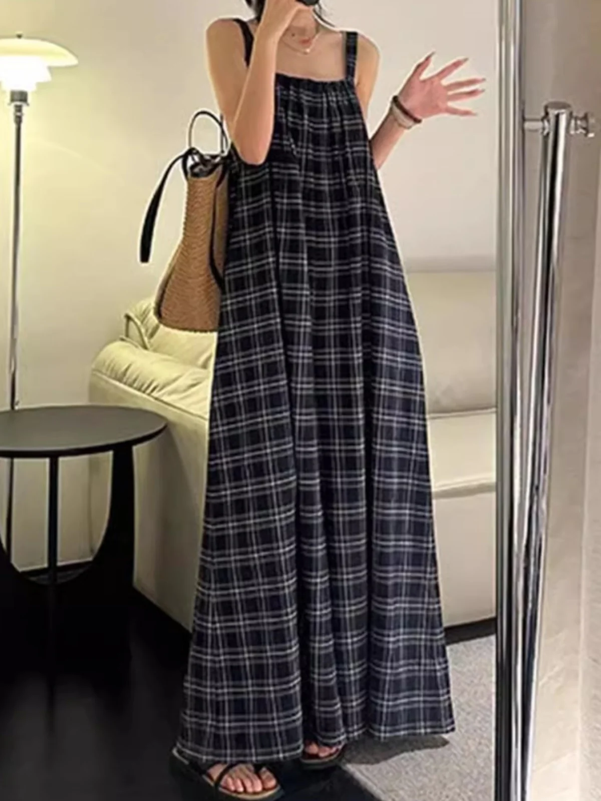 

2025 New Loose Casual Pants Women's Korean Sle Versatile Design Retro Plaid Strap Wide Leg Pants Commute Long Pants
