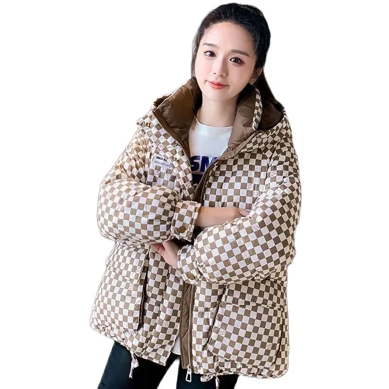 

2023 New Women's Winter Coat Parkers Fashion Checkerboard Down Padded Jacket Short Loose Keep Warm Hooded Overcoat Female