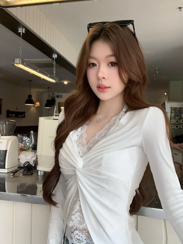 Pure Desire Long Sleeve T-Shirt Women's Spring Autumn New Sexy Atmosphere Match Ins Trend Lace Patchwork Knot Design Top