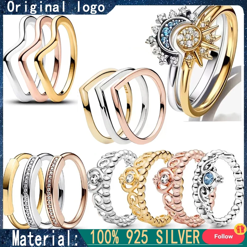 

New 100% 925 Silver Women's Vintage Crown Ring and Polished Wave Ring DIY Charming Jewelry Gift Fashion Light Luxury