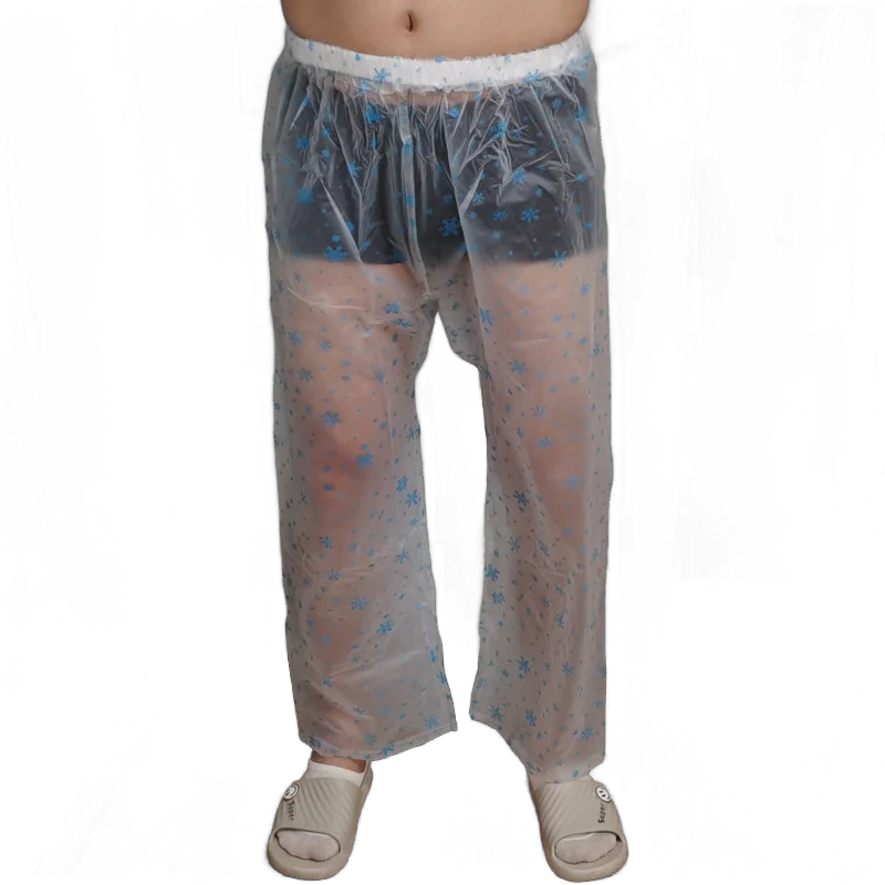 Man's Snowlake Printing Graphics Elastic Waist PVC Waterproof Trousres Rainproof Sheer See Through Transparent Students