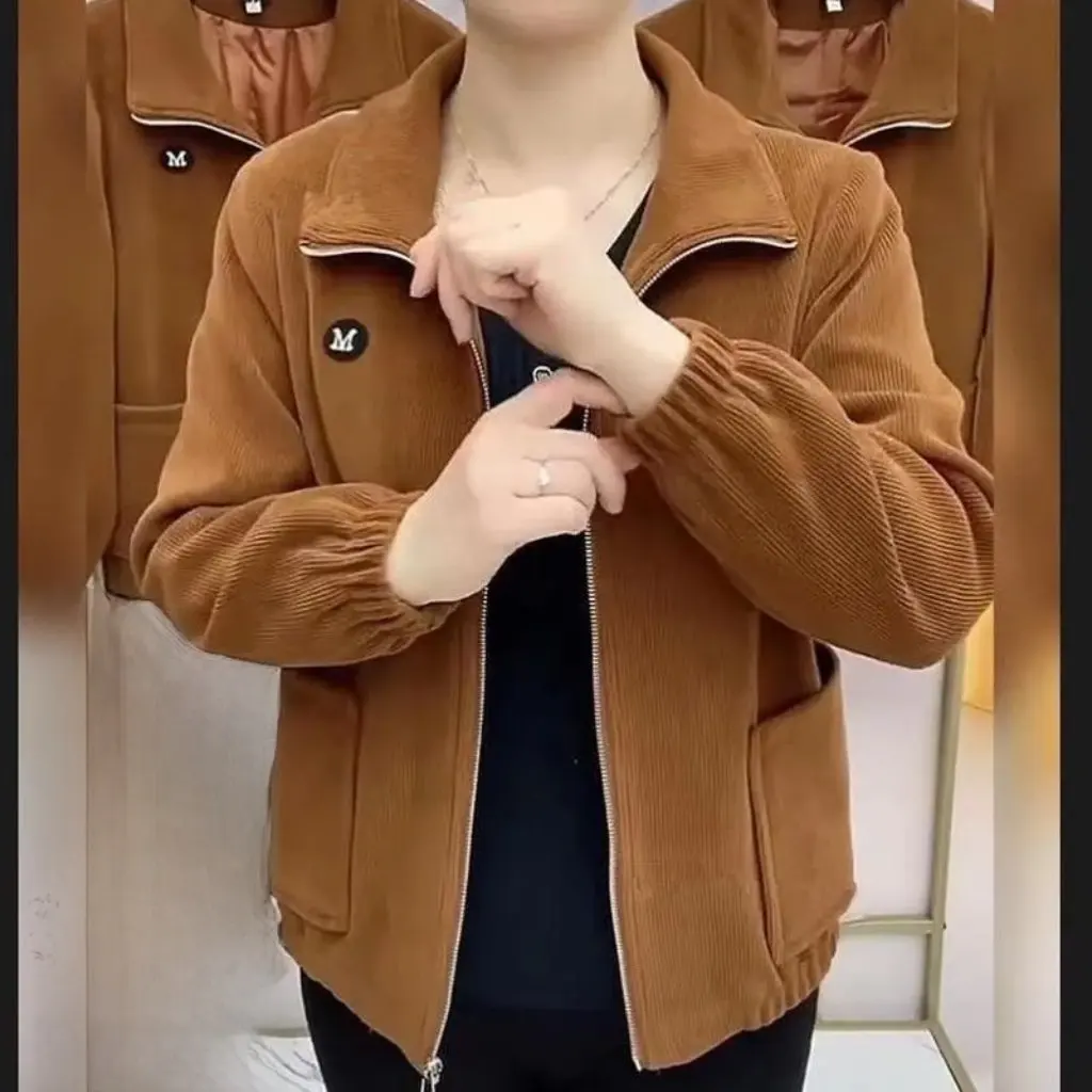 

Women's Corduroy Coat Long Sleeve Fleece-Lined plus Size Loose Casual Solid Color Autumn Winter New Mother Coat