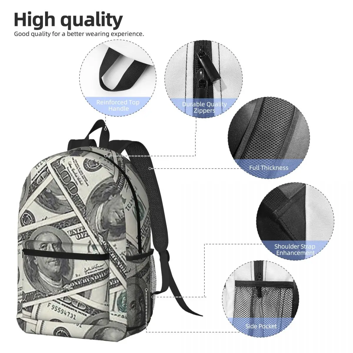 Rich Money Novelty Dollars Backpack Daypack Large Capacity Kids BookBag School Bag Shoulder Bags for Men Women