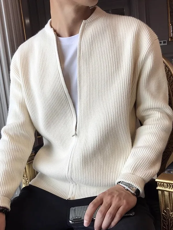 

Мужской вязаный свитер-куртка на осень-зиму, с длинным рукавом, приталенный, повседневный, однотонный, с воротником-стойкой, модная молодежная одежда