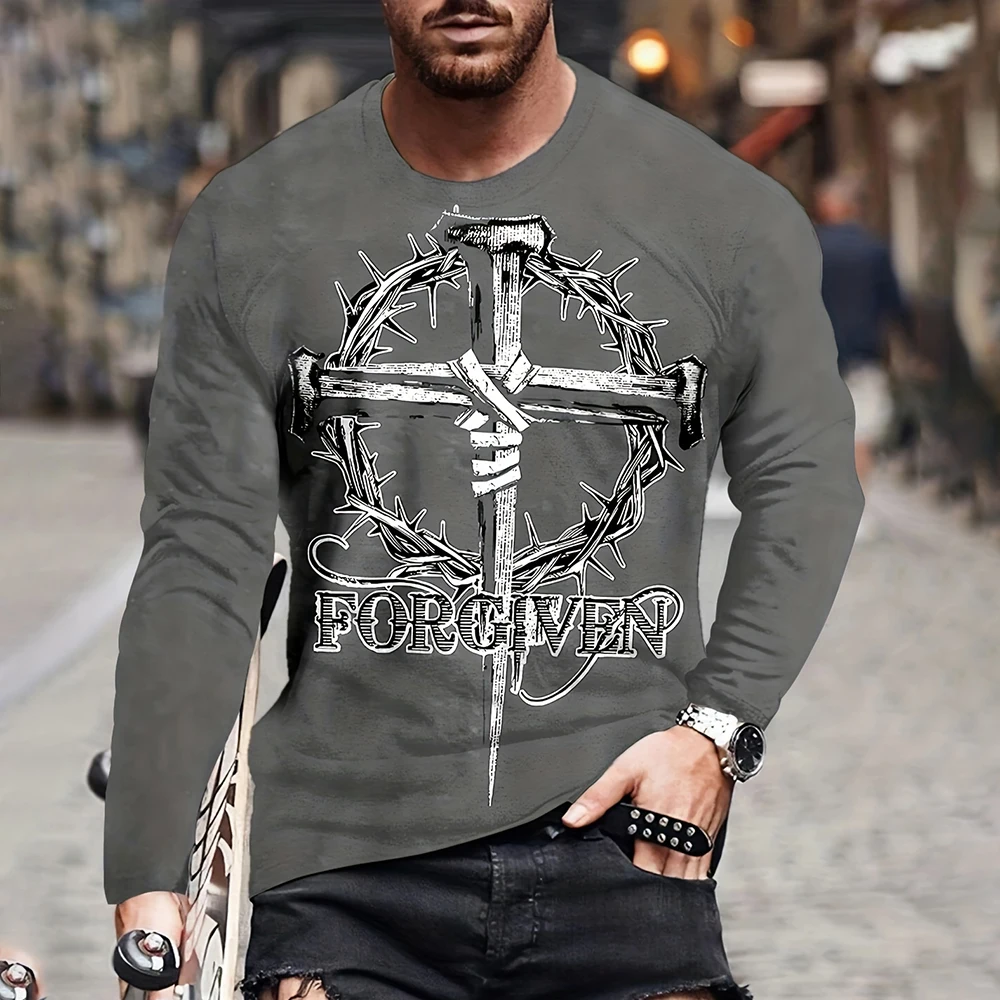 Mens T Shirt Autumn Long Sleeve Top Lion Pattern Clothing O Neck Oversized Cross Print Pullover Autumn Winter Mens T Shirt