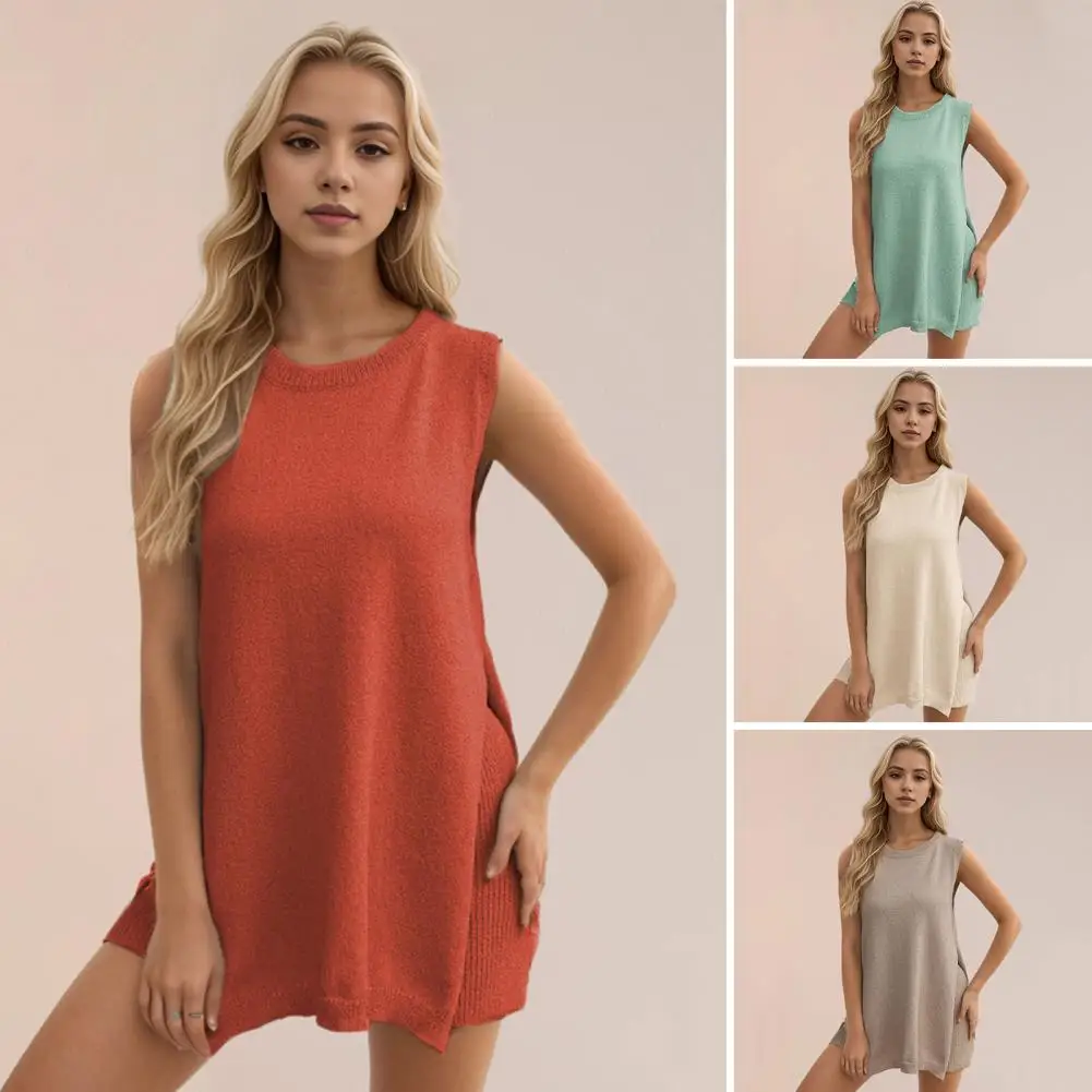 2 pieces/set women's tops shorts suit round neck sleeveless knitted vest stretch high waist slim shorts casual sports suit