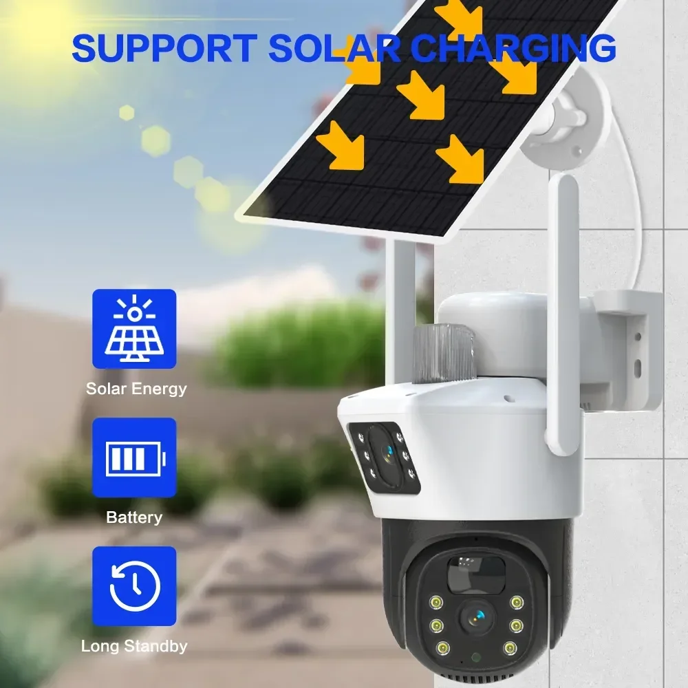 Imagem -02 - Câmera de Vigilância Solar sem Fio Dual Lens Bateria Ptz Visão Noturna Colorida Detecção Pir Áudio 4g Cartão Sim 8mp V380 4k