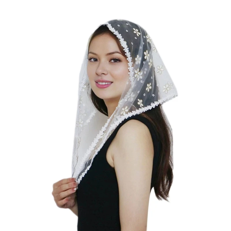 Stylish White Hijab Shawl for Women Hair Scarf with Flower Pattern Decoration for Personalized Looks Polyester Headscarf