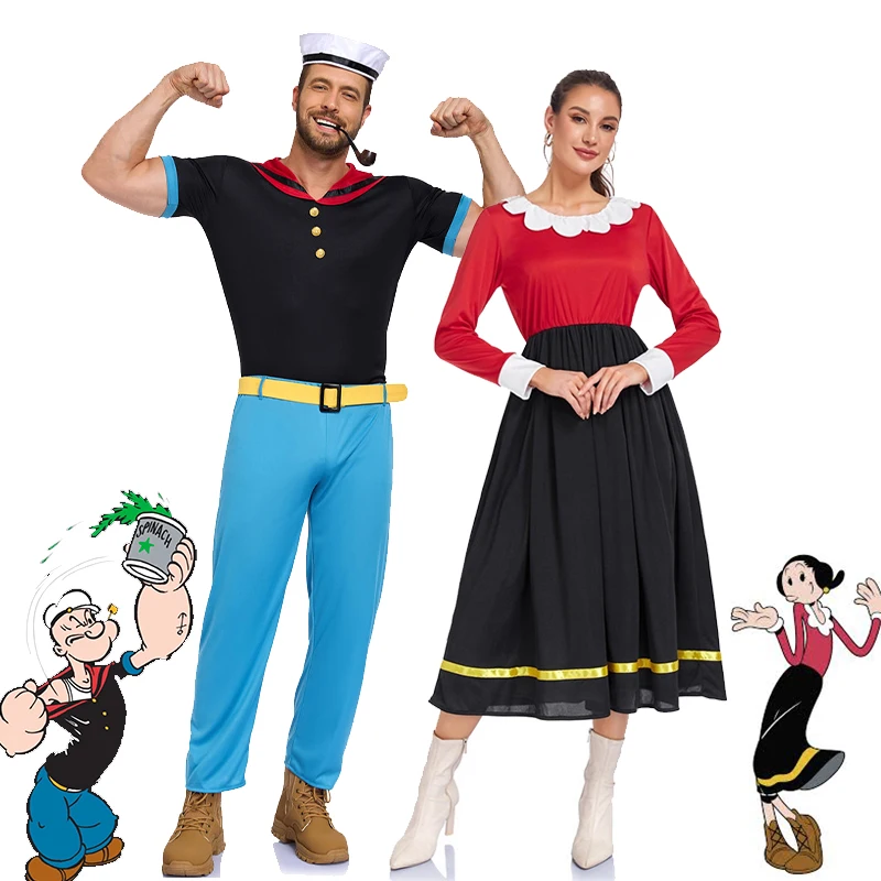 Disfraz de superhéroe adulto de dibujos animados, uniforme de marinero para hombre, disfraz de oliva para mujer, disfraz Popeyed para hombre