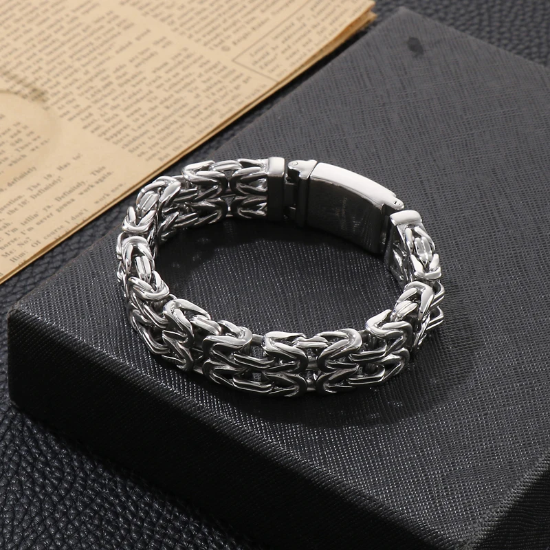 Fongten 22cm Byzantine Bracelets for Men Wave Stainless Steel Thick Chain Wristband Male Bangle Bracelet Multiple Color Jewelry