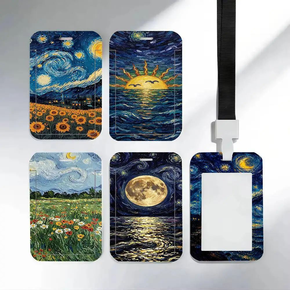Oil Painting Van-Gogh ID Badge Holder Neck Strap Pendant Door Card Holders Lanyards Credential Holder, Durable PVC Material