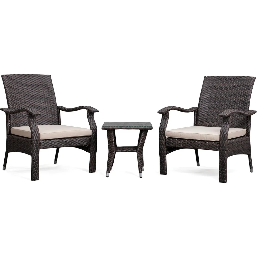 

Patio Sense Miles Wicker Conversation Set, Dark Brown, 3 Piece Outdoor Bistro Set with 2 Chairs and Coffee End Table with Glass