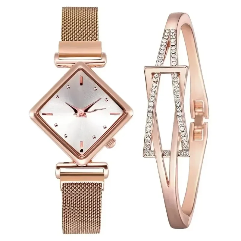 2pcs Set Women Watches Ladies Square Bracelet 2024 Minimalist Alloy Strap Quartz Watch Small Dial Temperament Noble Wristwatches