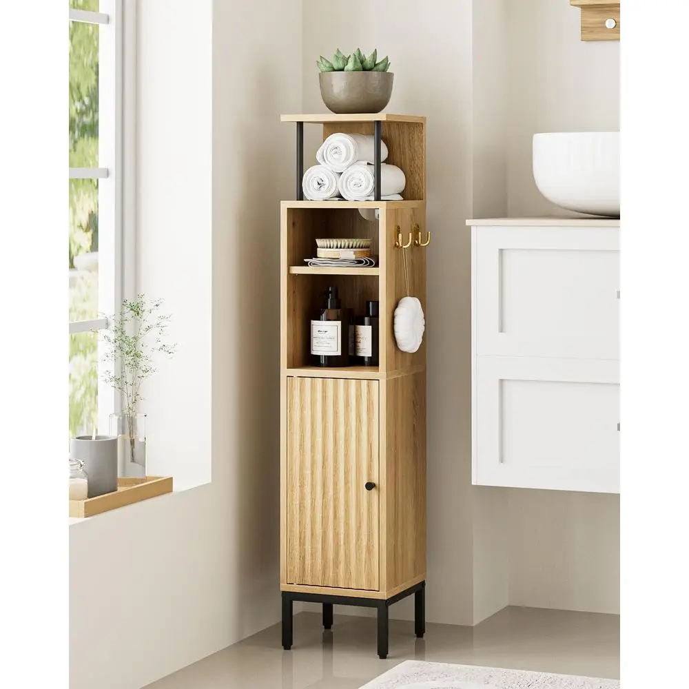 

Bathroom Storage Cabinet,Small Corner Floor Cabinet with 2 Hook,Narrow Tall Toilet Paper Cabinet with Adjustable Shelves,Bathroo