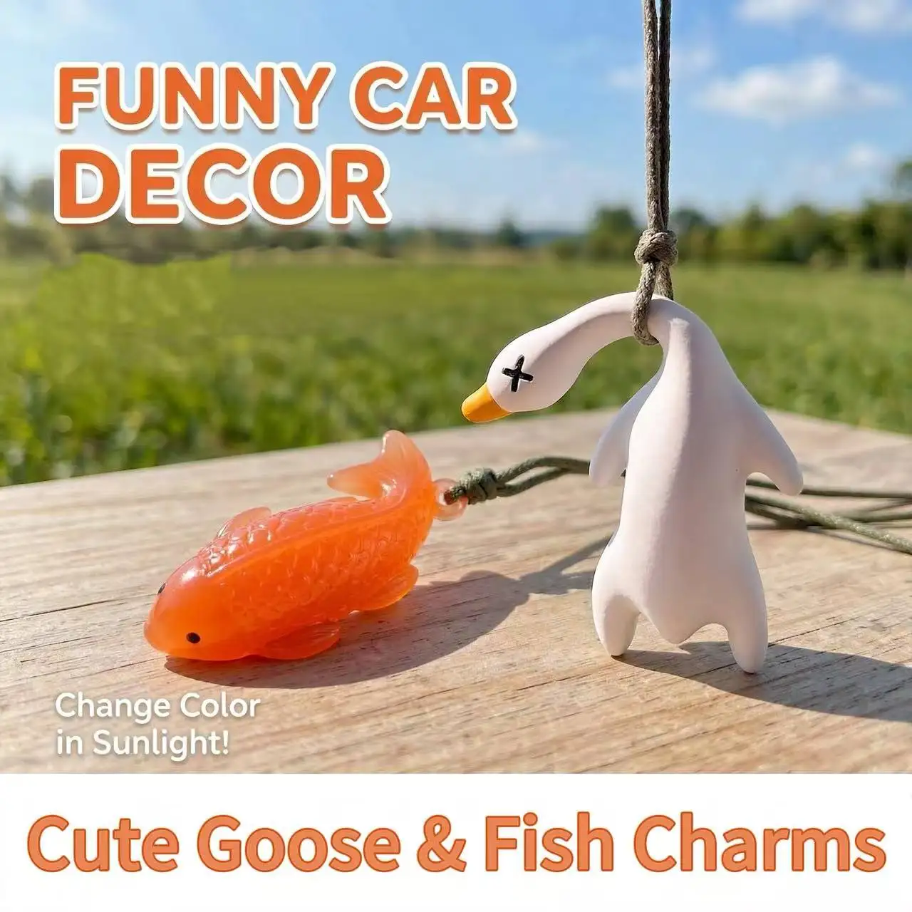 UV Light Sensitive Color Changing Goose & Koi Fish Car Hanging Ornament, Funny Rearview Mirror Charm Gift for Car Decor