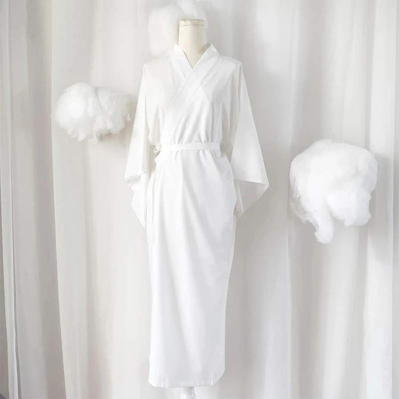 White Traditional Japanese Kimono with Belt Robe Length Sleeves Yukata Lining Pajamas for Vacation Spa Hospital Deliver and Gym