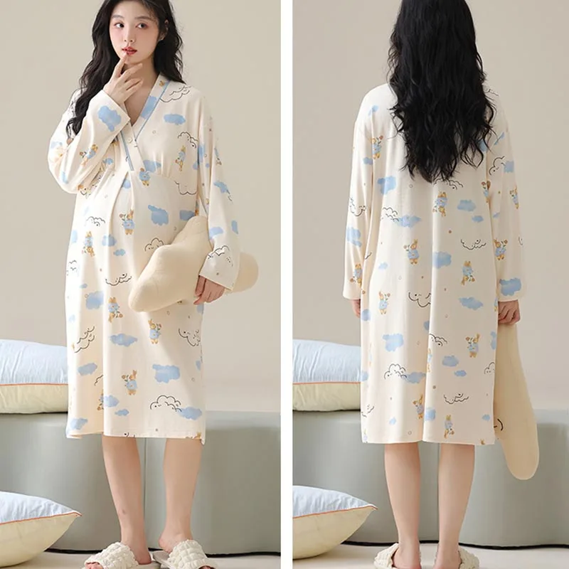 فستان نوم للرضاعة من القطن للربيع والخريف للأمهات مطبوع عليه زهور ملابس نوم للحمل والمنزل والمستشفى