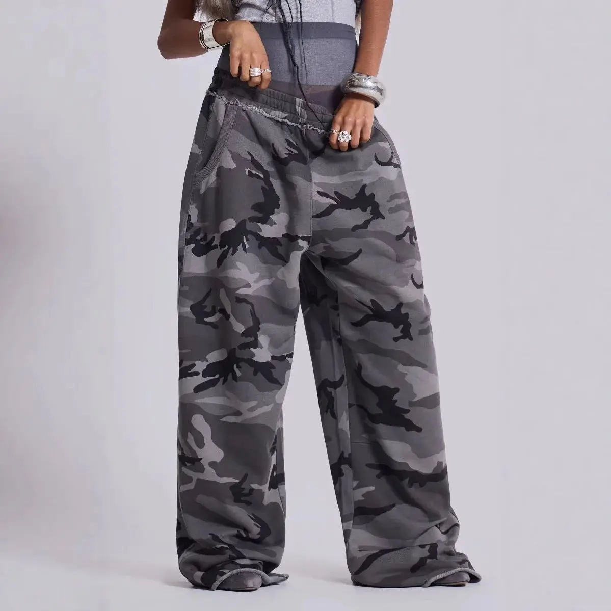 

Retro Camouflage Print Sweatpants Straight Leg Men Women Neutral PVC Fabric Cleanfit Style Casual Pants for Winter Season