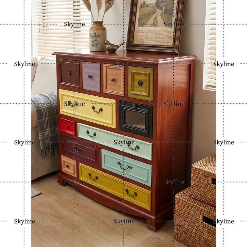 for American Solid Wood Chest Living Room Small Apartment Retro Locker Bedroom Porch Mediterranean Colorful Art Furniture