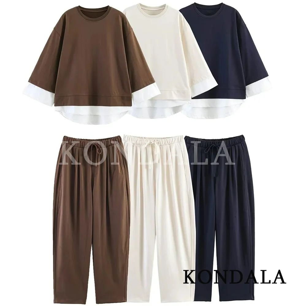 KONDALA Women Casual Pants Set Patchwork T-Shirt Elastic Waist Pockets Pants New Fashion 2026 Spring Summer Sporty Holiday Set