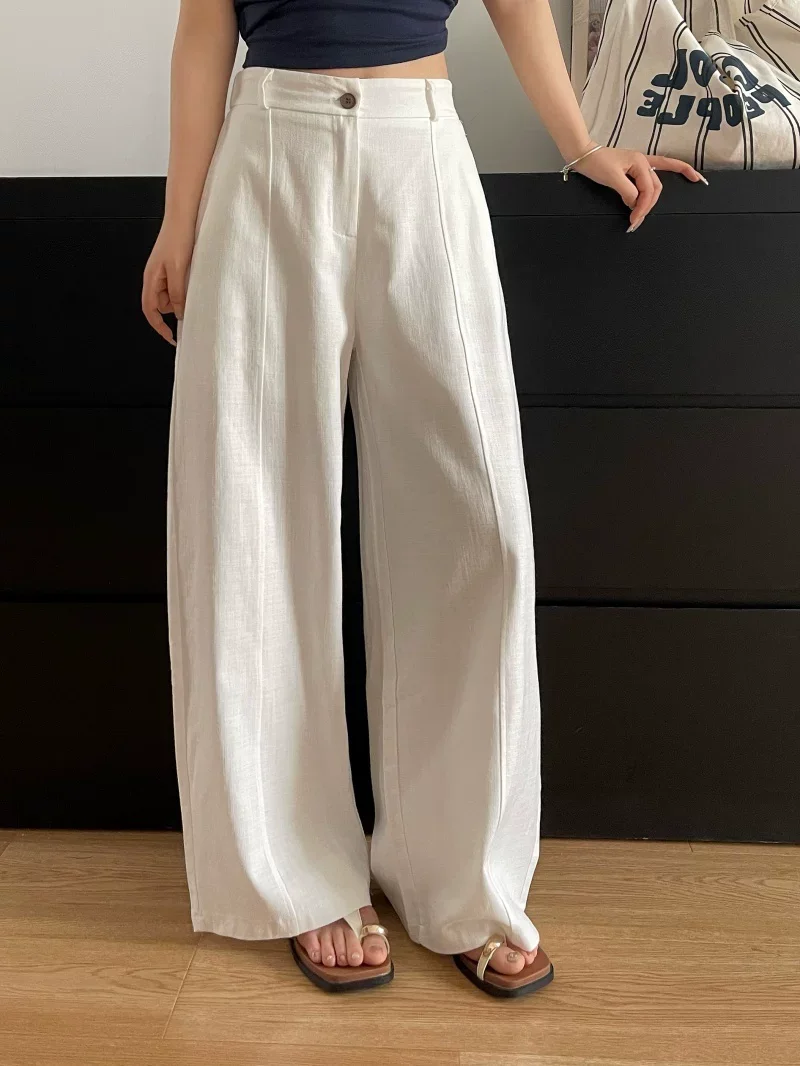 Loose Summer Wide Leg Pants High Waist Cotton Linen Casual Trousers Button Front Elastic Waist Slimming Drapey Washed Cotton
