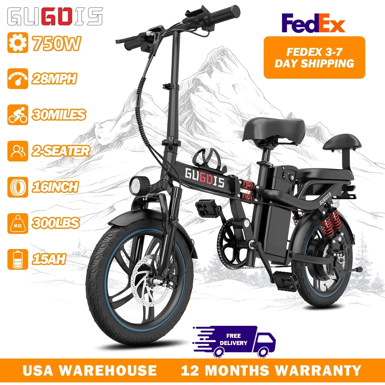 

2 Seater Electric Bike for Adults 750W Motor 28MPH 48V/15AH 25-30Miles 16" Fat Tire Commuter Ebike Foldable Electric Bicycles