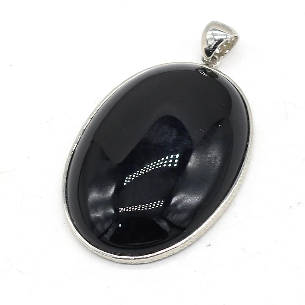 1pc 25x35mm Natural Black Onyx Oval Cabochon Pendant Silver Color Plated Bezel Charm for DIY Necklace Jewelry Making Findings