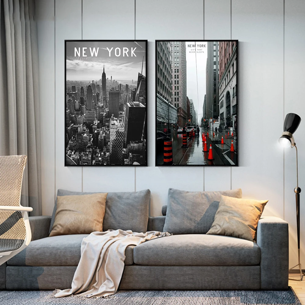 Vintage New York City Canvas Posters, Urban Skyscraper Street Night View Wall Art Modern Cityscape Print for Home Room Decor