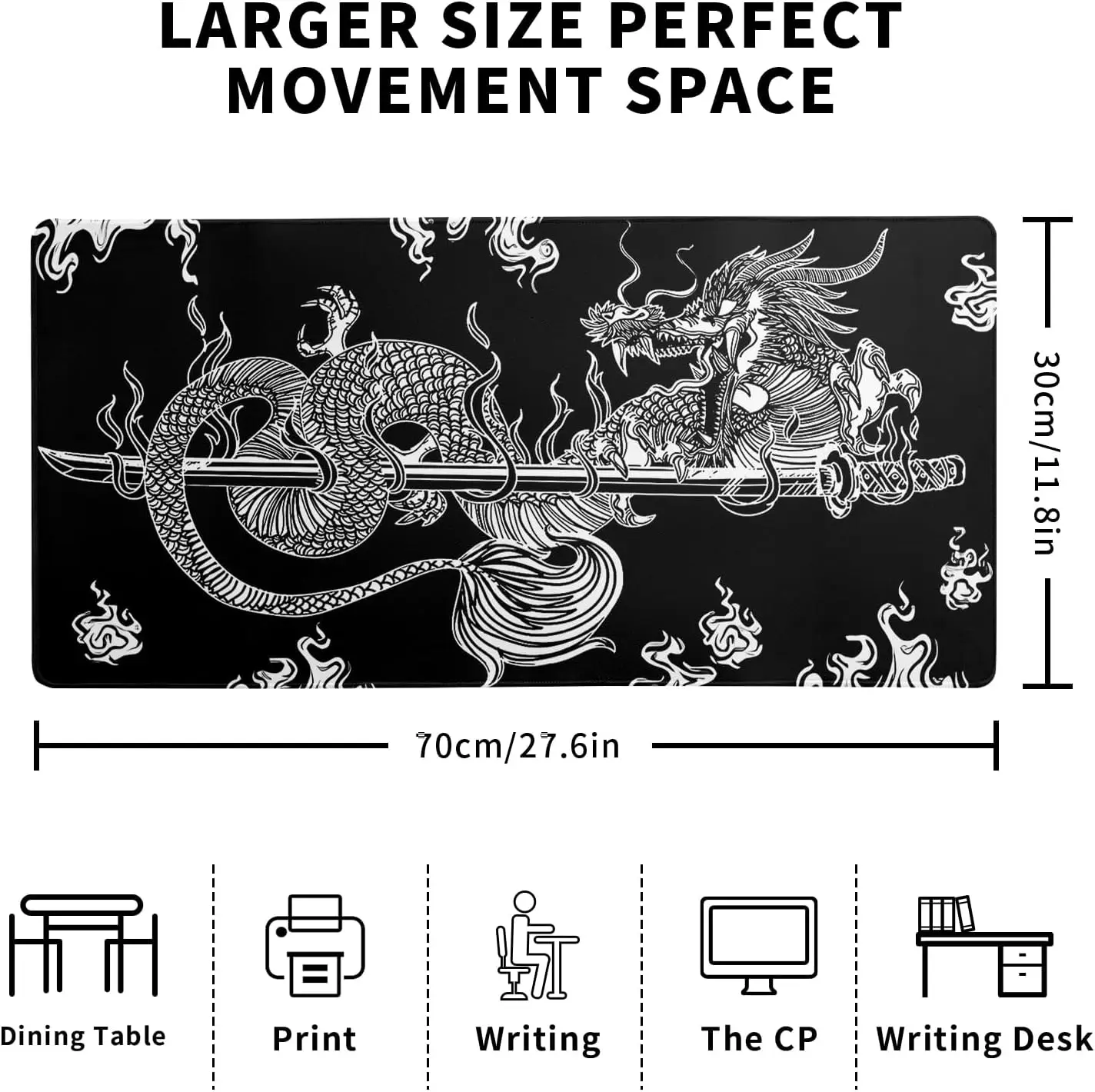 Oriental Dragon Sword Large Gaming Desk Pad, Black‑White Ink Dragon Cloud Motif, Non‑Slip Mouse Mat For Laptop PC Home Table