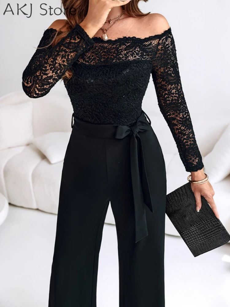 

Off Shoulder Long Sleeve Eyelash Lace Spliced Slim Fit Overalls Casual Zipper Back Jumpsuit with Belt