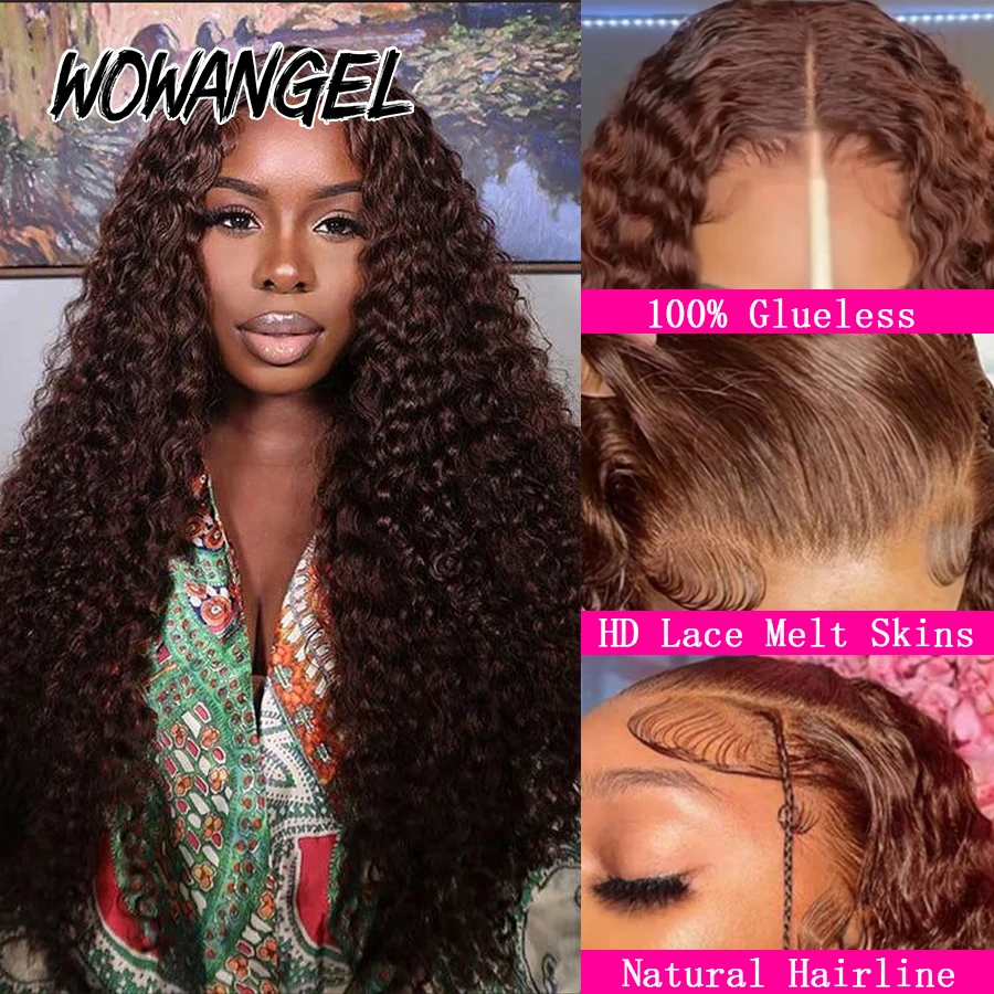 WOWANGEL Burmesische Lockige 5x5 HD Lace Closure Perücken Echthaar Dunkelbraun 2 # 250% Lace Melted Glueless Perücken aus Echthaar, sofort tragbar – Detail 4