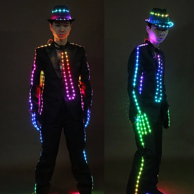 LED Suit for Man White Light up Jacket Pants Hat Luminous Nightclub DJ Tron Dance Wear Festival Stage Performance Show Outfit