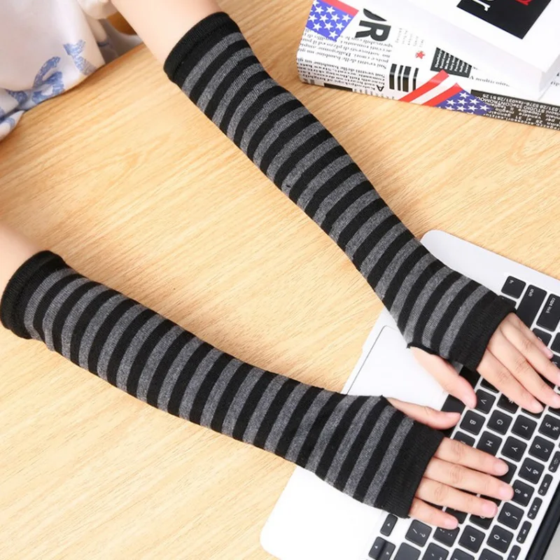 Unisex Long Fingerless Gloves Gloves Arm Cover Striped Cotton Wrist Sleeves Arm Warmer Sleeve Knitted Gloves Womens Fingerless