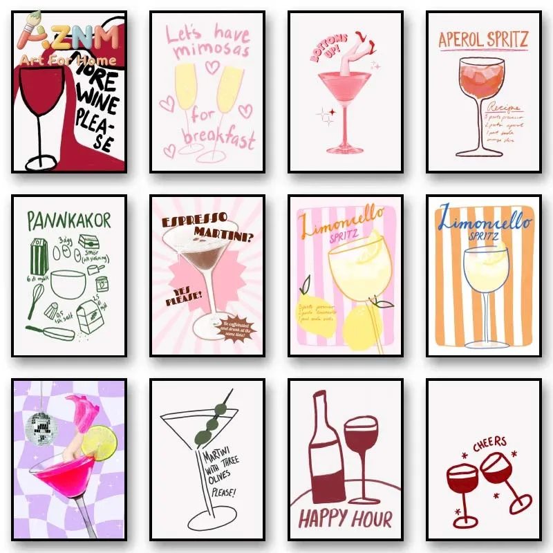 AZNM Cute Line Cocktail Wine Canvas Wall Art Aperol Spritz Martini Mimosa Drink Text Sketch Print Unframed Canvas Painting For B