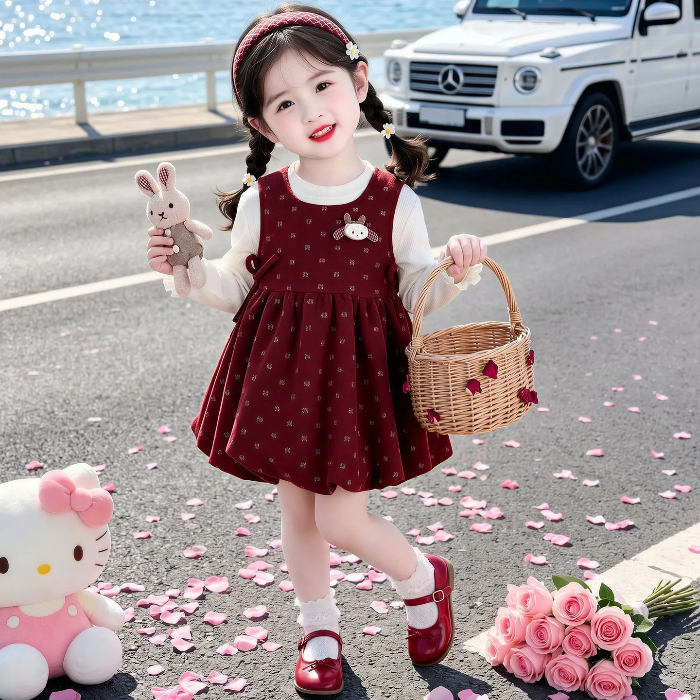 Girls' Western style Little Fragrant Wind Spring and Autumn Long sleeved Strap Dress Set Baby 2026 New Princess Dress