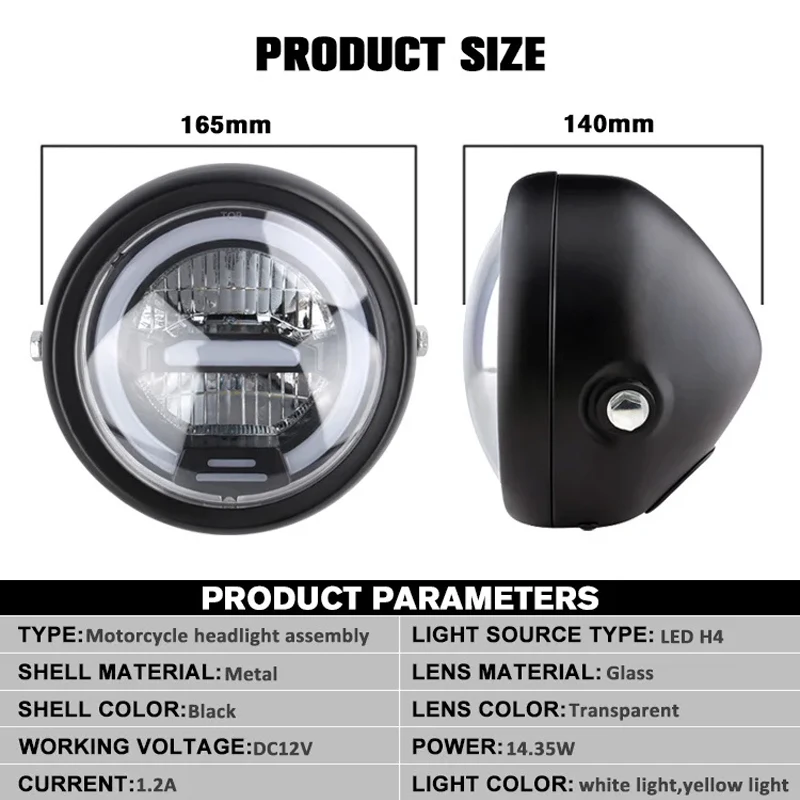Universal 6.5 Inch LED Motorcycle Headlight Retro Round Daytime Running Light Headlight Assembly For Cafe Racer Honda Yamaha