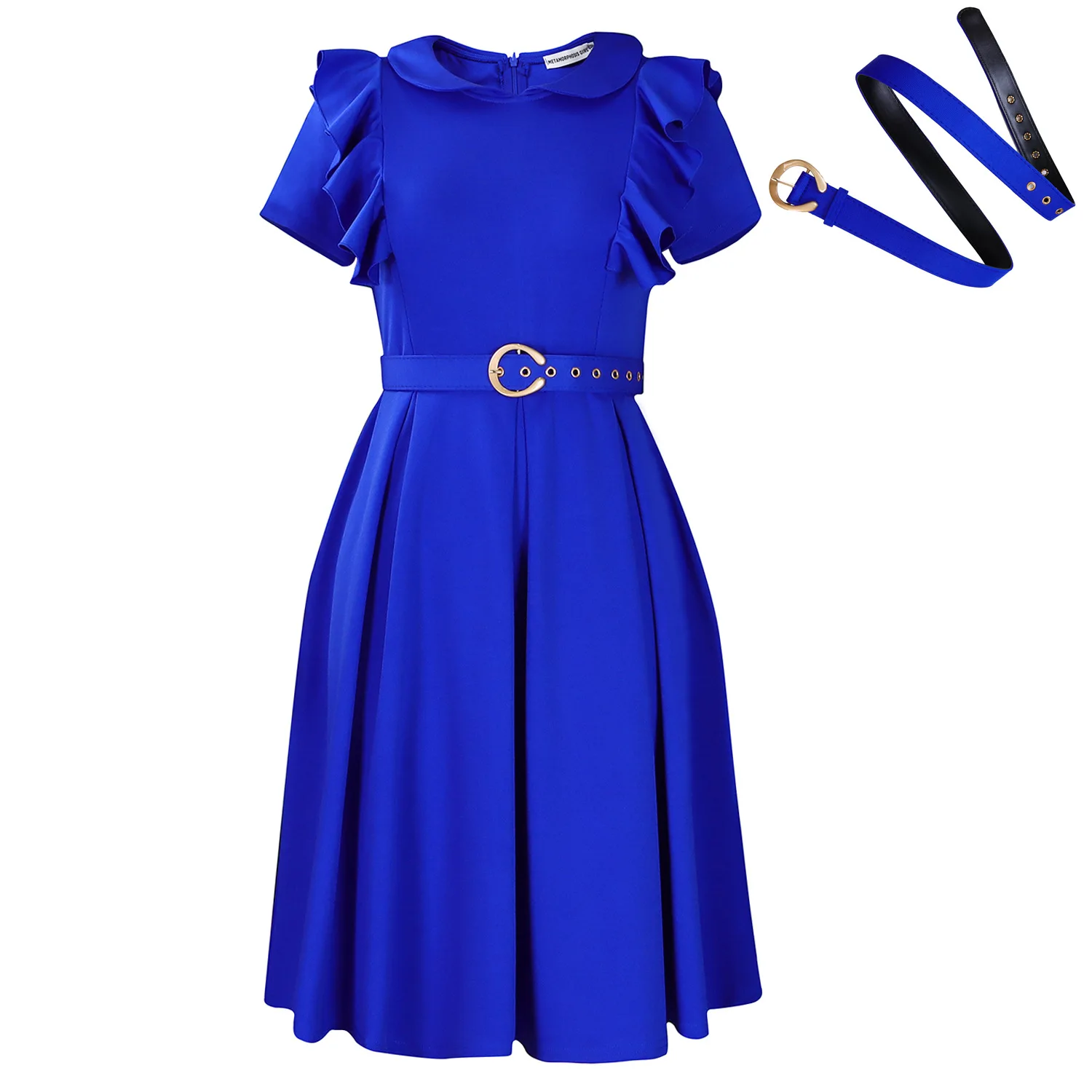 New 2025 Women's Solid Color Short-Sleeved Shirt Dress Baby Collar Ruffled Hem Fashionable Elegant Women's Clothing