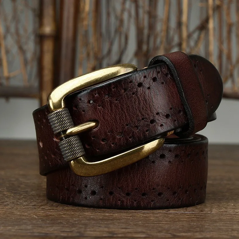 New fashionable and versatile hollowed-out top layer needle belt men's leather