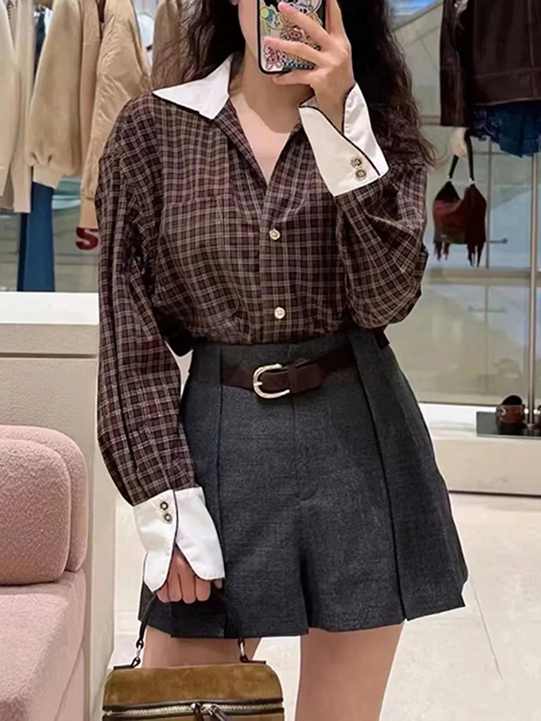 

Autumn Winter Plaid Long Sve Loose Women's irt Vintage Color Blo Collar Base Layer Top Chinese Brand DBNY