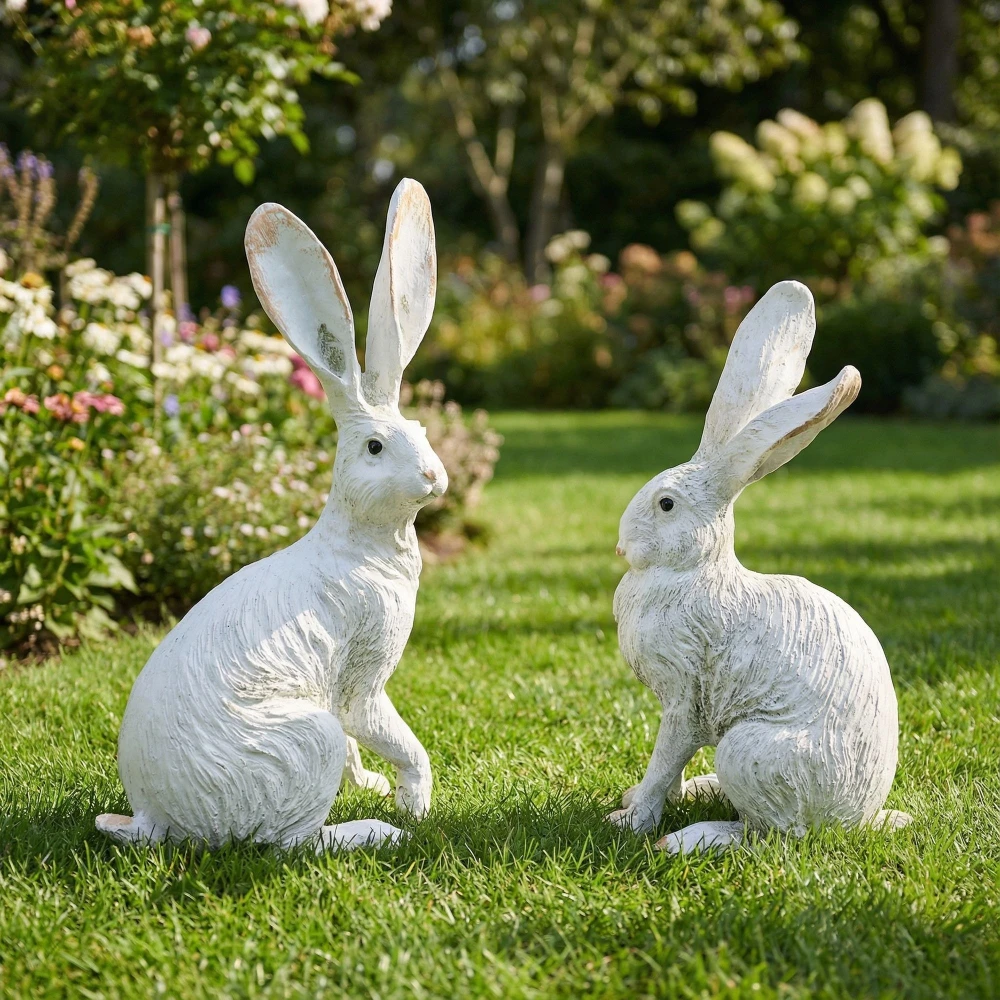 Set of 2 Vintage Speckled Rabbit Statues Resin Faux Fur Hare Figurines White Distressed Bunny Sculpture Easter  Tabletop Decor