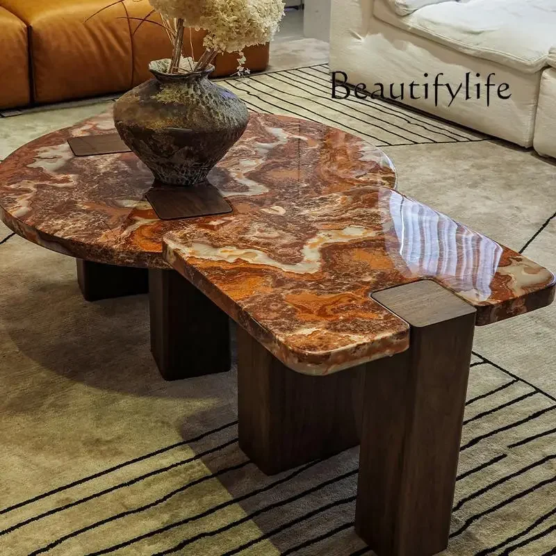 BJ Italian Luxury Red Dragon Stone Nesting Tables-Designer Round Marble Coffee Set w/ Crimson for Premium Living Room Centerpiec