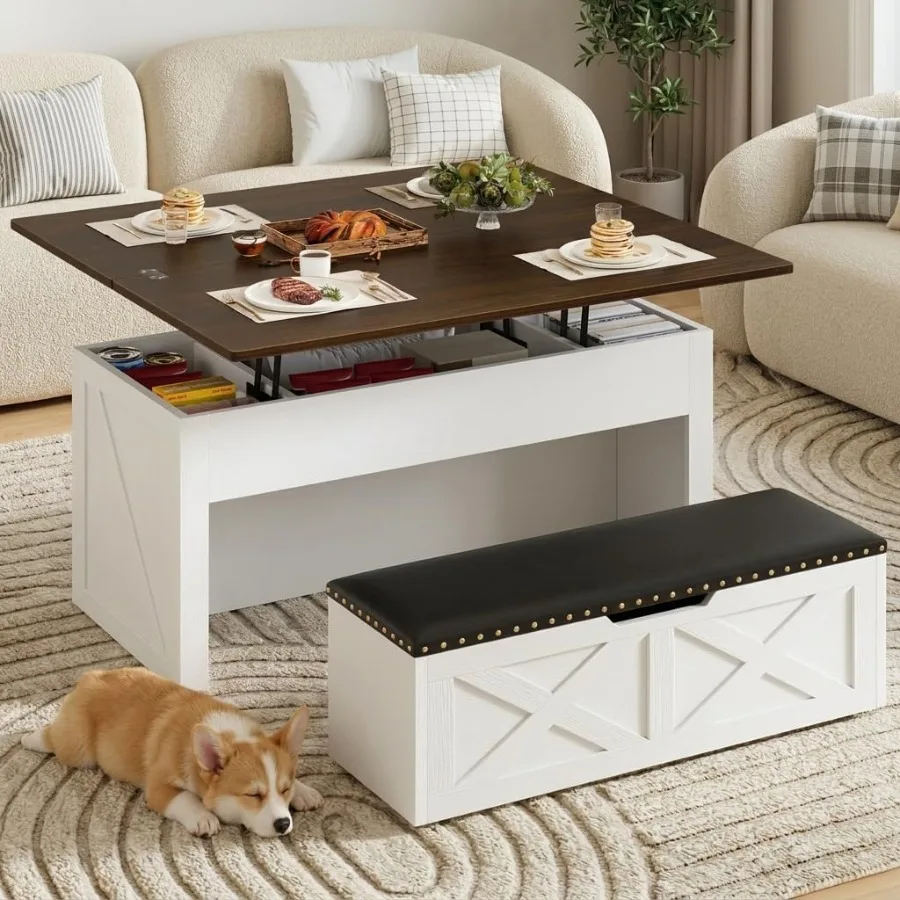 Lift Top Coffee Table with Storage Bench for living room, engineered wood in white, 4-in-1 convertible design with hidden stora