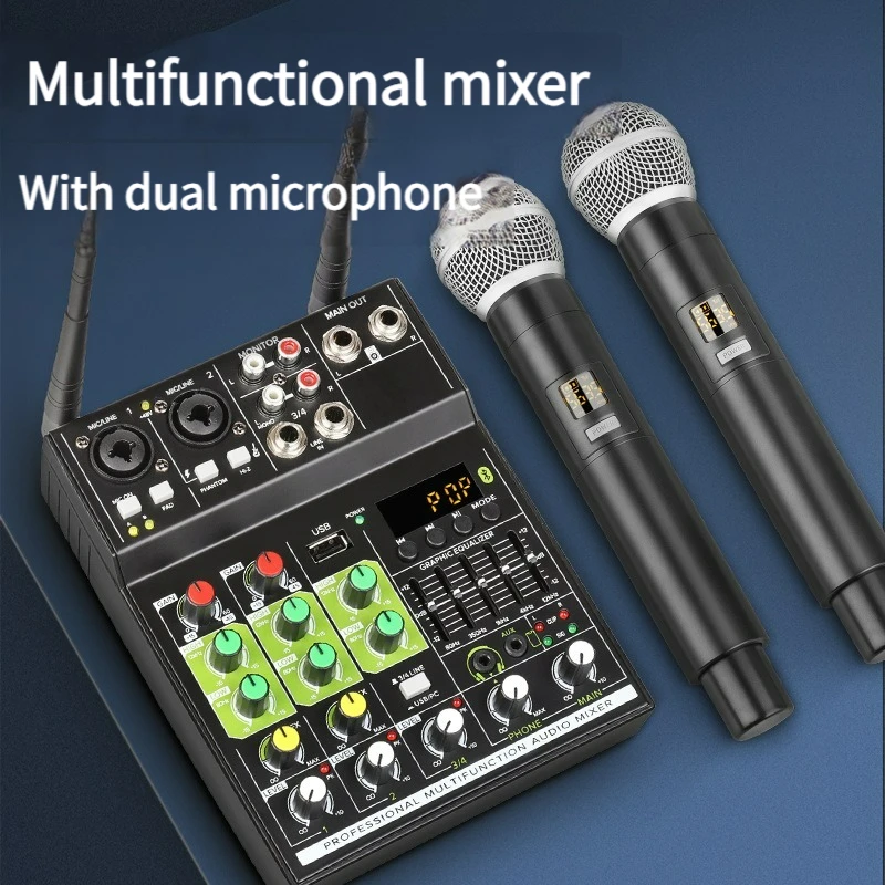 

Audio Mixer 4 Channels 1 Drag 2 Wireless Microphones Mics Mixing Console With Bluetooth USB Effect For DJ Karaoke PC Guitar