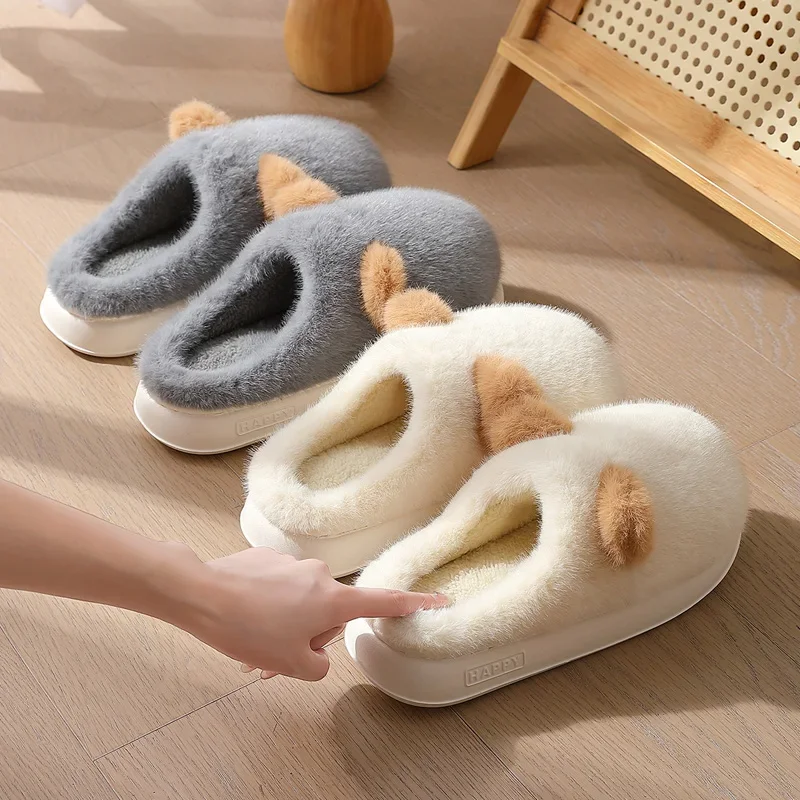 New Cotton Slippers Cute Furry Slides Indoor Anti-slip Flats Women Soft Winter Home Couples Men Platform Warm Plush Shoes