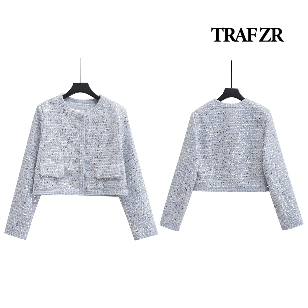 

TRAF ZR Chic Sequins Cropped Coat Vintage Stylish Shiny Short Jacket False Flap Pocket Hidden Snap Button Overshirt Women Top