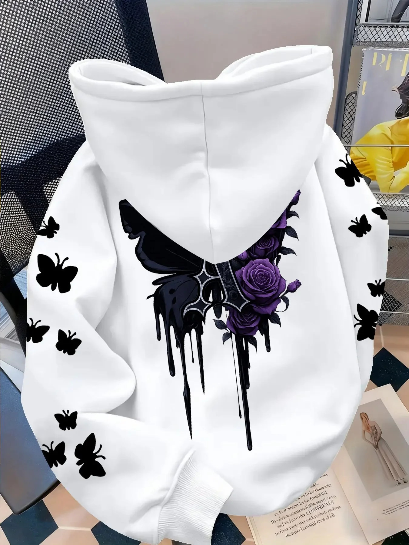 Herren Gothic Hoodie Lila Rose Schwarzer Schmetterling Drip Ästhetischer Grafikdruck Locker Sitzender Vintage Streetwear Pullover Sweatshirt – Detail 12