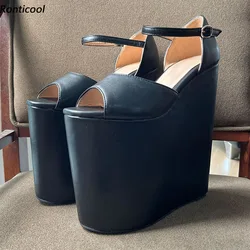 Ronticool New Women Platform Sandals Wedges High Heels Round Toe Elegant Black Cosplay Shoes Ladies US Plus Size 4-15